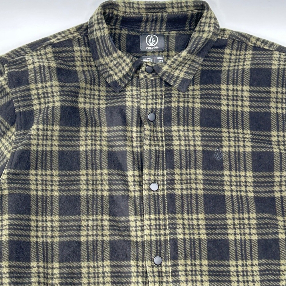 Volcom Mens XL Plaid Fleece Shirt Jacket Olive Green Black Snap Front A1602002 - Picture 5 of 10